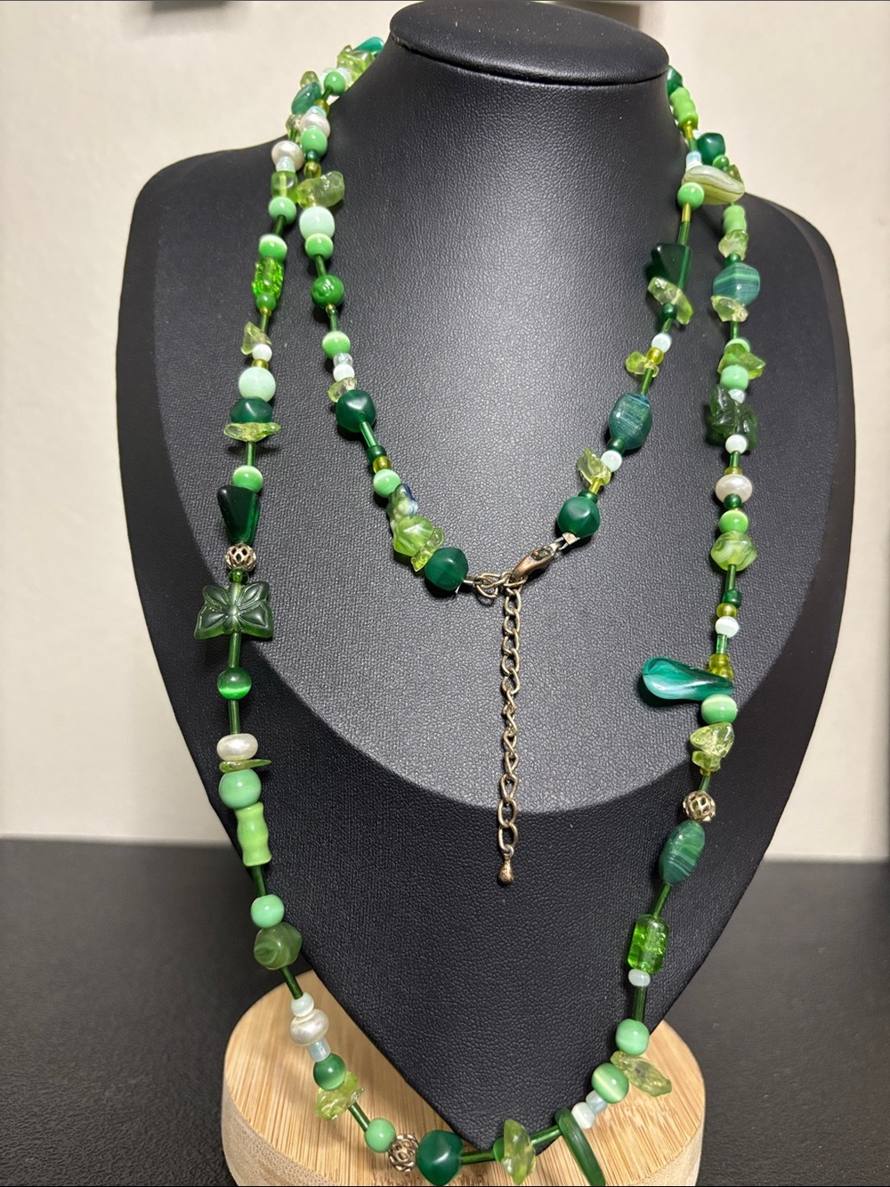 Green Mixed-Bead Mixed Media Layered Necklace Glass Acrylic Butterfly Pearl
